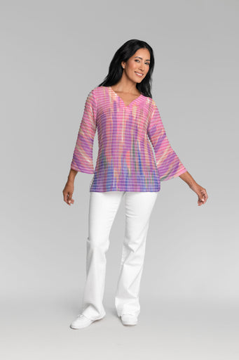 Monets Pallette (26009) ~ Banded 3/4 Bell-Sleeve V-Neck Tunic