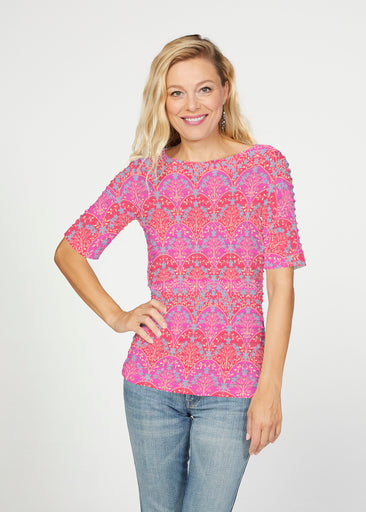 Spice Road Poppy (26014) ~ Banded Elbow Sleeve Boat Neck Top
