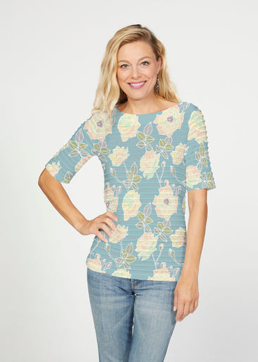 Diana Aqua (26019) ~ Banded Elbow Sleeve Boat Neck Top