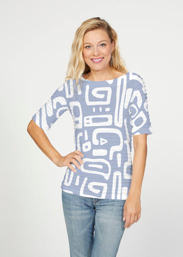Gentle Geo Blue (26031) ~ Banded Elbow Sleeve Boat Neck Top