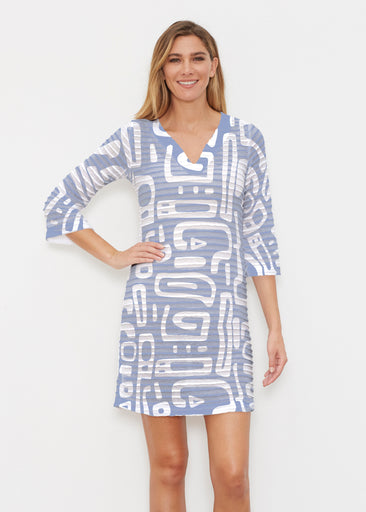 Gentle Geo Blue (26031) ~ Banded 3/4 Sleeve Dress
