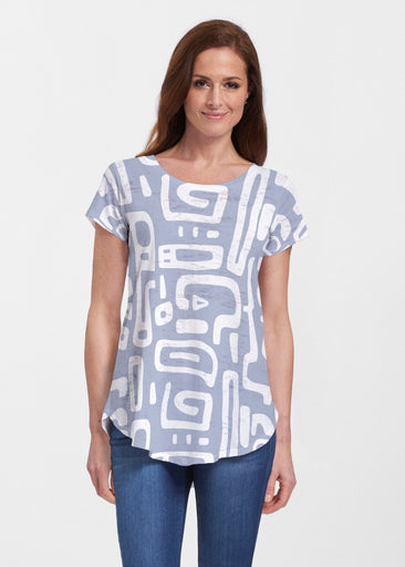 Gentle Geo Blue (26031) ~ Short Sleeve Scoop Neck Flowy Tunic