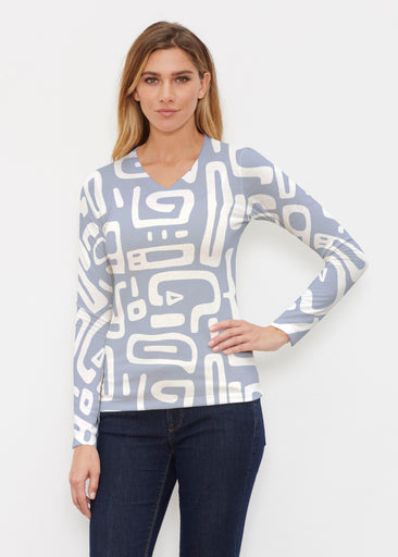 Gentle Geo Blue (26031) ~ Butterknit Long Sleeve V-Neck Top