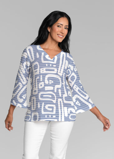 Gentle Geo Blue (26031) ~ Banded 3/4 Bell-Sleeve V-Neck Tunic