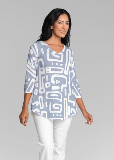 Gentle Geo Blue (26031) ~ V-neck Flowy Tunic