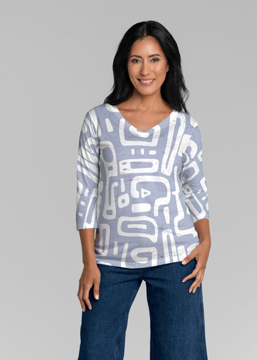 Gentle Geo Blue (26031) ~ Signature 3/4 Sleeve V-Neck Top