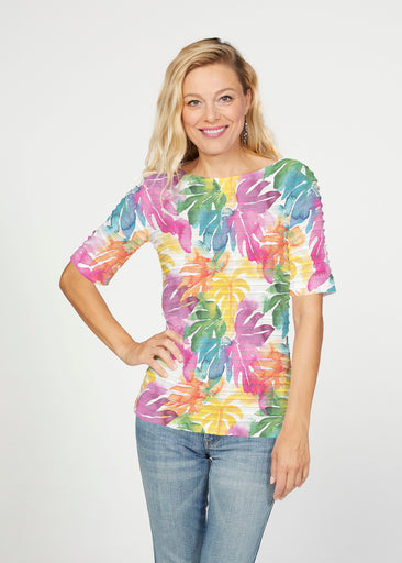 Rainbow Monstera (26040) ~ Banded Elbow Sleeve Boat Neck Top