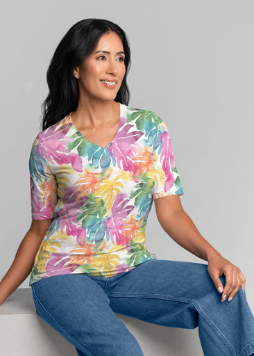 Rainbow Monstera (26040) ~ Signature Elbow Sleeve V-Neck Top