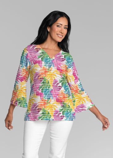 Rainbow Monstera (26040) ~ Banded 3/4 Bell-Sleeve V-Neck Tunic