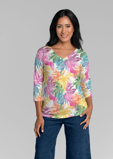 Rainbow Monstera (26040) ~ Signature 3/4 Sleeve V-Neck Top