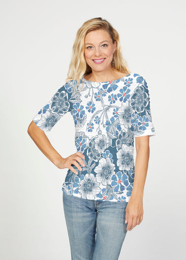 Kalani Blue (26041) ~ Banded Elbow Sleeve Boat Neck Top
