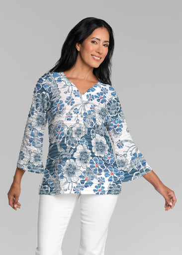 Kalani Blue (26041) ~ Banded 3/4 Bell-Sleeve V-Neck Tunic