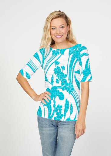 Iris and Vine Blue (26049) ~ Banded Elbow Sleeve Boat Neck Top