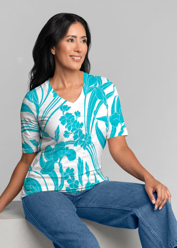 Iris and Vine Blue (26049) ~ Signature Elbow Sleeve V-Neck Top