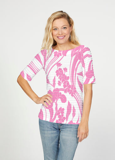 Iris and Vine Pink (26050) ~ Banded Elbow Sleeve Boat Neck Top