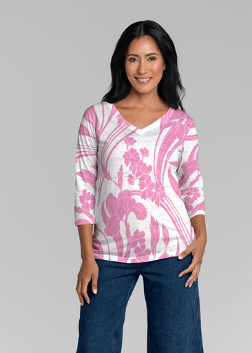 Iris and Vine Pink (26050) ~ Signature 3/4 Sleeve V-Neck Top