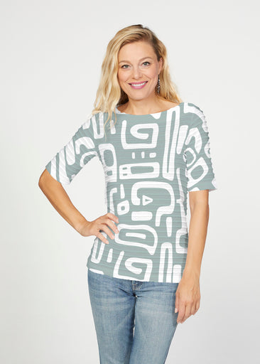 Gentle Geo Green (26055) ~ Banded Elbow Sleeve Boat Neck Top