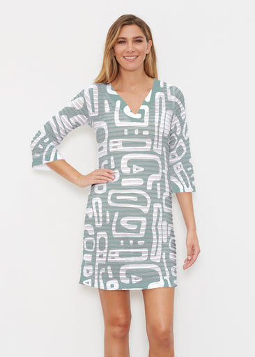 Gentle Geo Green (26055) ~ Banded 3/4 Sleeve Dress