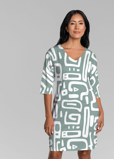 Gentle Geo Green (26055) ~ Lucy 3/4 Sleeve V-Neck Dress