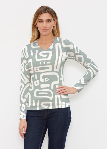 Gentle Geo Green (26055) ~ Butterknit Long Sleeve V-Neck Top
