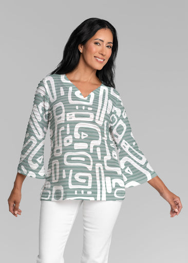 Gentle Geo Green (26055) ~ Banded 3/4 Bell-Sleeve V-Neck Tunic