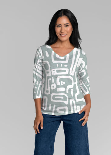 Gentle Geo Green (26055) ~ Signature 3/4 Sleeve V-Neck Top