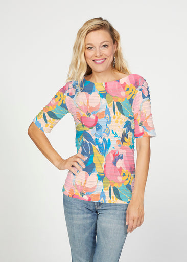 Petal Talk (26061) ~ Banded Elbow Sleeve Boat Neck Top