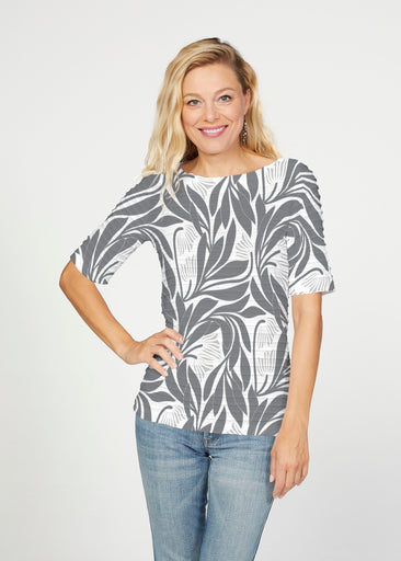 Art Nouveau Grey (26073) ~ Banded Elbow Sleeve Boat Neck Top