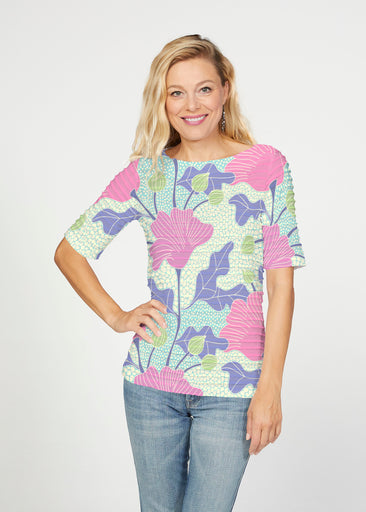 Mosaic Garden (26077) ~ Banded Elbow Sleeve Boat Neck Top