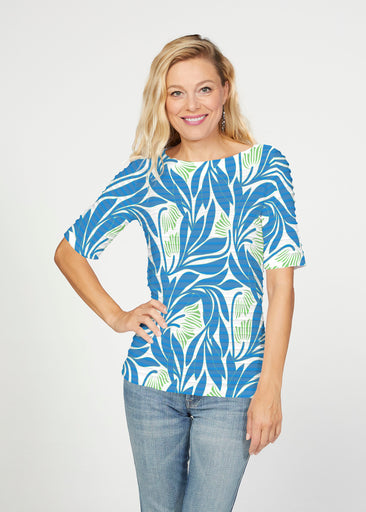 Art Nouveau Blue (26078) ~ Banded Elbow Sleeve Boat Neck Top