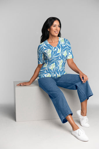 Art Nouveau Blue (26078) ~ Signature Elbow Sleeve V-Neck Top