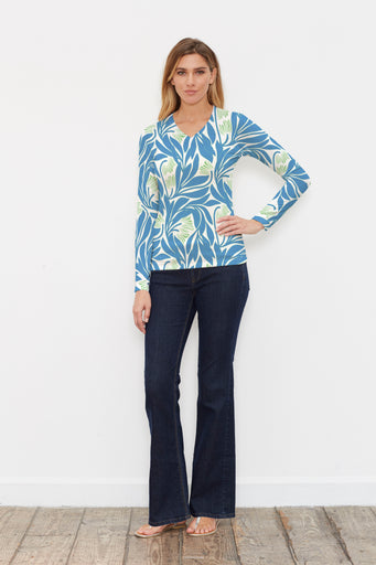 Art Nouveau Blue (26078) ~ Butterknit Long Sleeve V-Neck Top