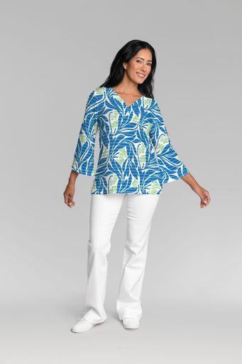 Art Nouveau Blue (26078) ~ Banded 3/4 Bell-Sleeve V-Neck Tunic