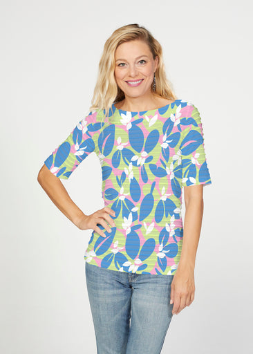 Boca Blue (26084) ~ Banded Elbow Sleeve Boat Neck Top