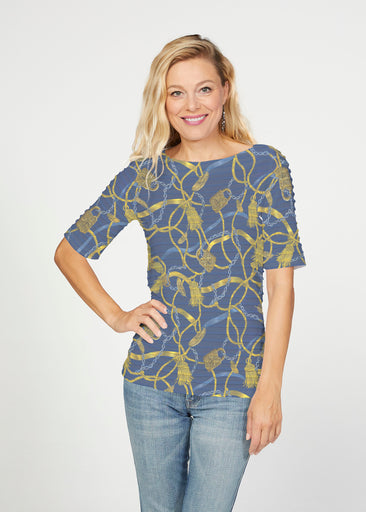 Tassels and Locks (26087) ~ Banded Elbow Sleeve Boat Neck Top