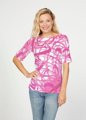 Infinite Pink (5276) ~ Banded Elbow Sleeve Boat Neck Top