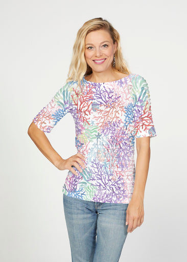 Tropic Coral (8112) ~ Banded Elbow Sleeve Boat Neck Top