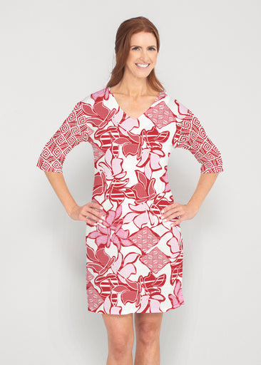 Aztek Sail Red (8117) ~ Lucy 3/4 Sleeve V-Neck Dress