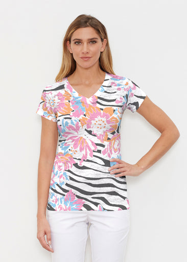 Zebra Posy Black (8118) ~ Signature Cap Sleeve V-Neck Shirt