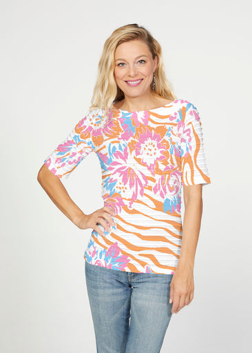 Zebra Posy Orange (8119) ~ Banded Elbow Sleeve Boat Neck Top