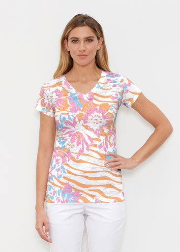 Zebra Posy Orange (8119) ~ Signature Cap Sleeve V-Neck Shirt