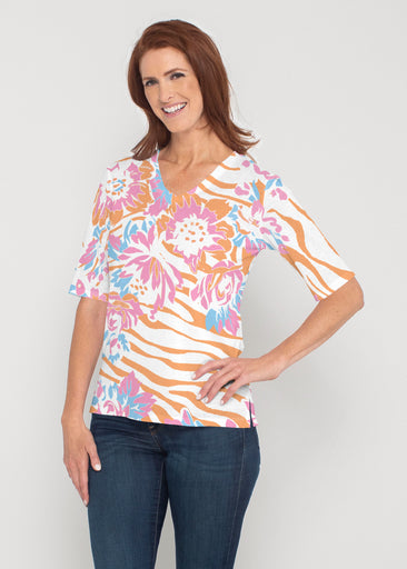 Zebra Posy Orange (8119) ~ Signature Elbow Sleeve V-Neck Top