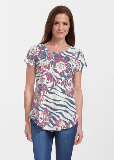 Zebra Posy Navy (8123) ~ Short Sleeve Scoop Neck Flowy Tunic