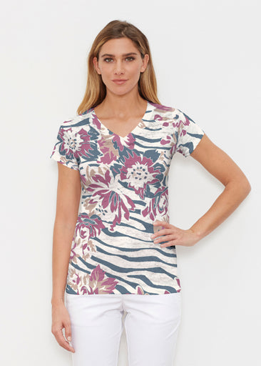 Zebra Posy Navy (8123) ~ Signature Cap Sleeve V-Neck Shirt