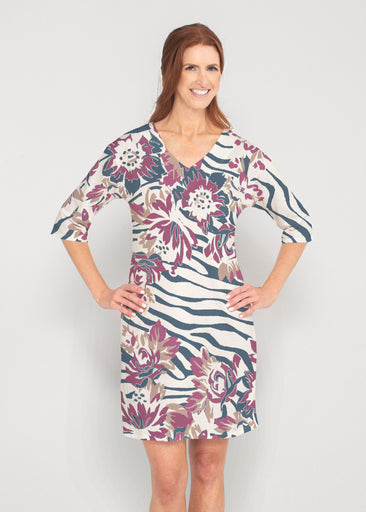 Zebra Posy Navy (8123) ~ Drop Shoulder 3/4 Sleeve V-Neck Dress