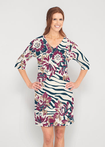 Zebra Posy Navy (8123) ~ Lucy 3/4 Sleeve V-Neck Dress