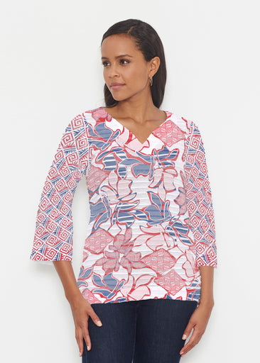 Aztek Sail Red-Blue (8130) ~ Banded 3/4 Bell-Sleeve V-Neck Tunic