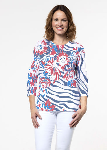 Zebra Posy Red-Blue (8132) ~ Signature 3/4 Sleeve Crew Neck Top