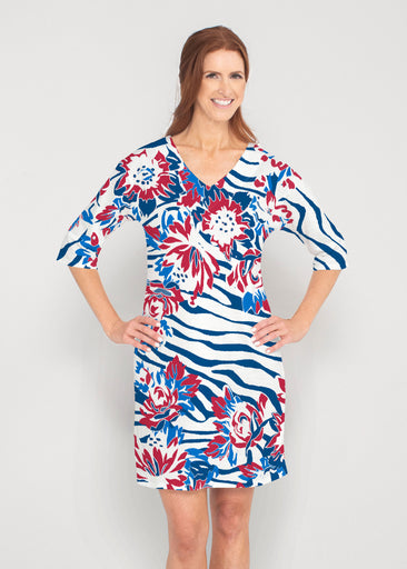 Zebra Posy Red-Blue (8132) ~ Lucy 3/4 Sleeve V-Neck Dress