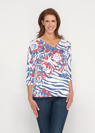 Zebra Posy Red-Blue (8132) ~ Signature 3/4 Sleeve V-Neck Top